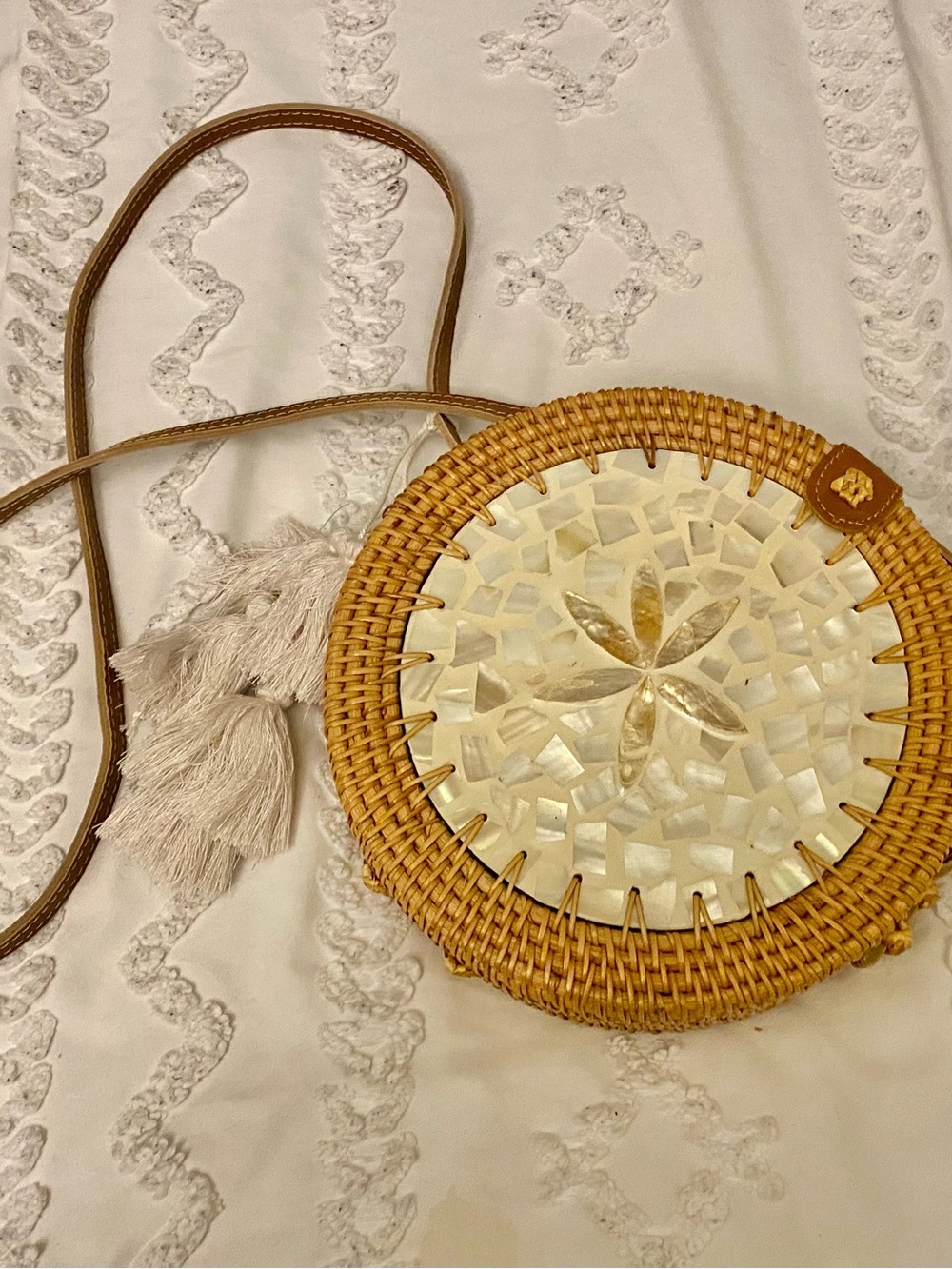 Rattan Woven Crossbody Bag, hard Shell, with Cream mother of Pearl inlay lined